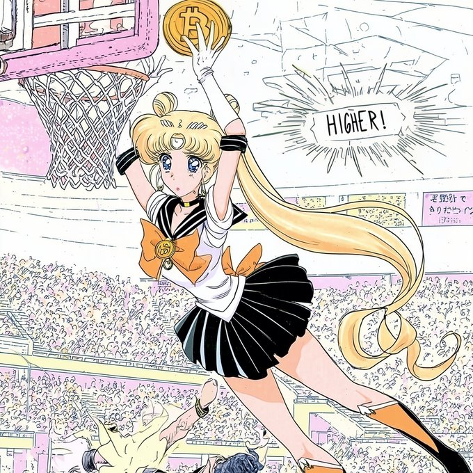 Manga/anime-style illustration of Sailor Moon jumping for a basketball, with the ball replaced by a Bitcoin (₿) coin and a 'HIGHER!' speech bubble in the background.