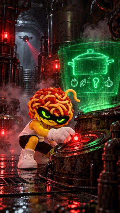 An animated character with a spaghetti and meatball head wearing a black mask, yellow shirt, and white sneakers presses a glowing red button in a dark industrial setting with green holographic screens displaying a pot.