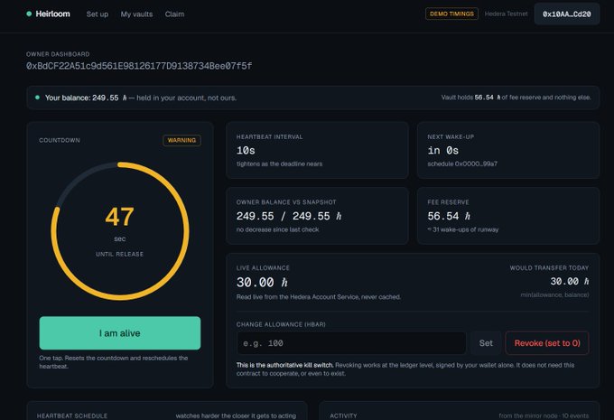 Heirlom dashboard screenshot showing owner balance of 249.55, a 47-second countdown, and various settings including heartbeat interval and live allowance.