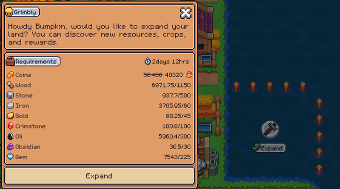 A screenshot from a video game showing a 'Grimbly' expansion menu dialog with the text 'Howdy Bumpkin, would you like to expand your land? You can discover new resources, crops, and rewards,' listing various resource requirements including coins, wood, stone, iron, gold, crimstone, oil, obsidian, and gem.