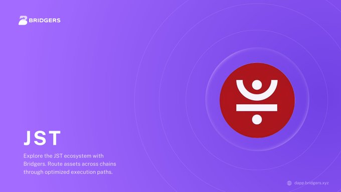 A purple promotional graphic for 'BRIDGERS' featuring a red circular logo with a stylized symbol, and text introducing 'JST' on the 'dapp.bridgers.xyz' platform.