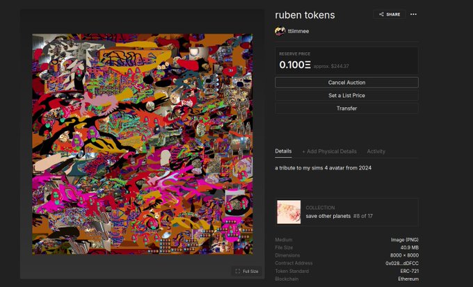 An NFT listing titled 'ruben tokens' by tsimmee showing a chaotic, colorful digital artwork with a reserve price of 0.100 ETH (approx $244.37), described as 'a tribute to my sims 4 avatar from 2024'.