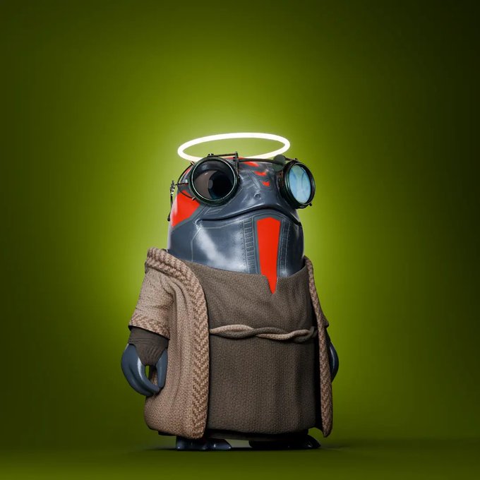 A 3D render of a quirky character featuring a black motorcycle helmet with goggles as its head, adorned with a glowing white halo, wearing a brown knit robe against a green background.