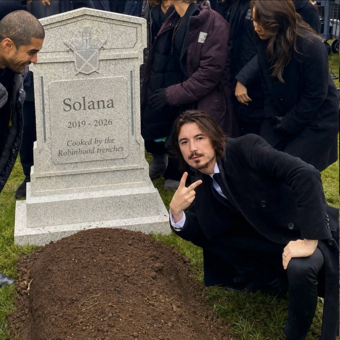 A man in a black suit poses with a middle finger next to a tombstone marked "Solana 2019-2026 - Cooked by the Robinhood trenches," with mourners gathered around a freshly dug grave, humorously illustrating the post's claim that Robinhood's actions have symbolically killed off Solana.