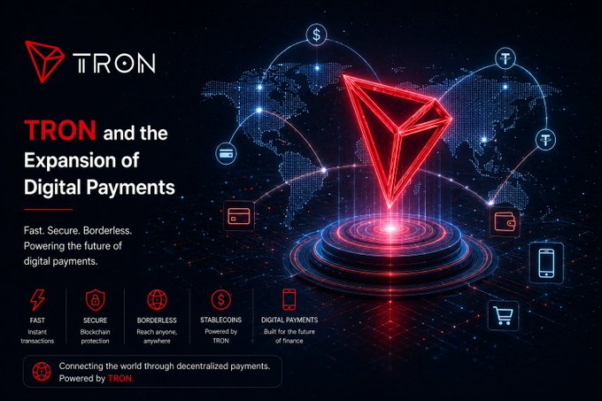 A promotional graphic for TRON cryptocurrency titled 'TRON and the Expansion of Digital Payments,' featuring a glowing red TRON logo over a world map with icons highlighting fast, secure, borderless, stablecoin, and digital payment features.