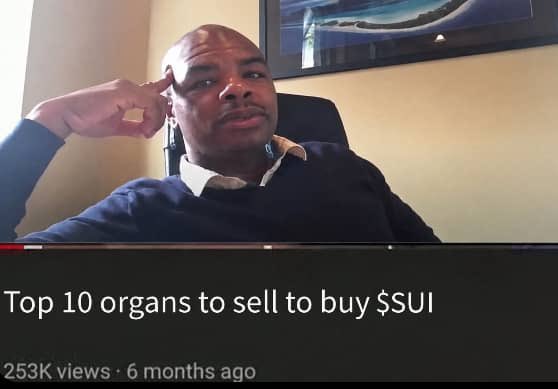 A YouTube video thumbnail featuring a man pointing to his head, with the title text 'Top 10 organs to sell to buy $SUI', showing 253K views from 6 months ago.