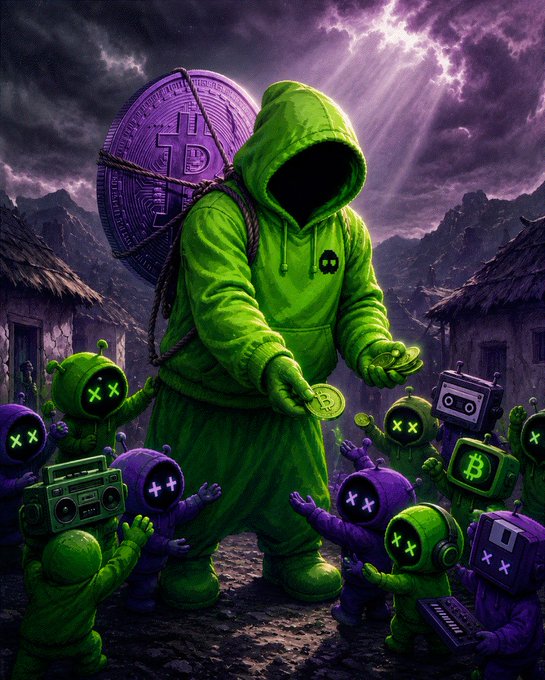 A hooded green figure carrying an oversized purple Bitcoin coin on their back stands surrounded by a crowd of small green and purple pixelated characters with X's for eyes, one holding a boombox and another displaying a Bitcoin symbol. The scene visually promotes the pixel hood community described in the post, where members wear the hood as a profile picture and can receive rewards, emphasizing the crypto and online group identity themes.