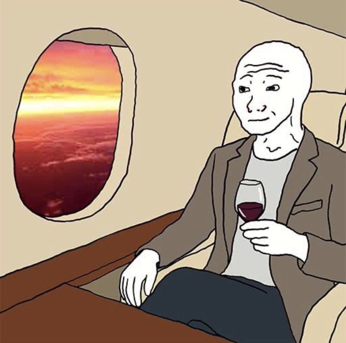 The 'Wojak' meme character, depicted as a bald man in a suit holding a glass of wine, sits in an airplane seat looking out the window at a sunset over clouds.