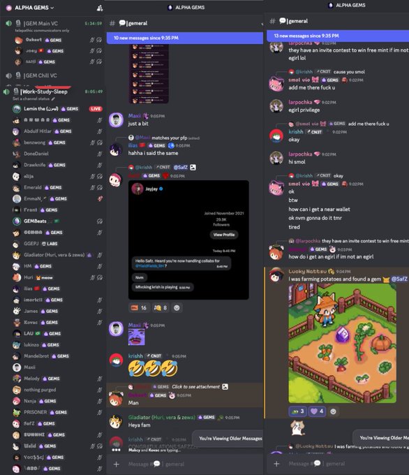 Three Discord conversations from the "ALPHA GEMS" server show bored users in #general and #gemeral complaining about the slow crypto market, with jokes about an "invite contest to win free mint," one user humorously declaring they'll "end up playing lol," while an embedded Twitter post shows Leni messaging "Hella Safe. Heard you're now handling collabs for @PlayBlack_On YT" and another embedded post showcases a pixel-art farming game NFT.