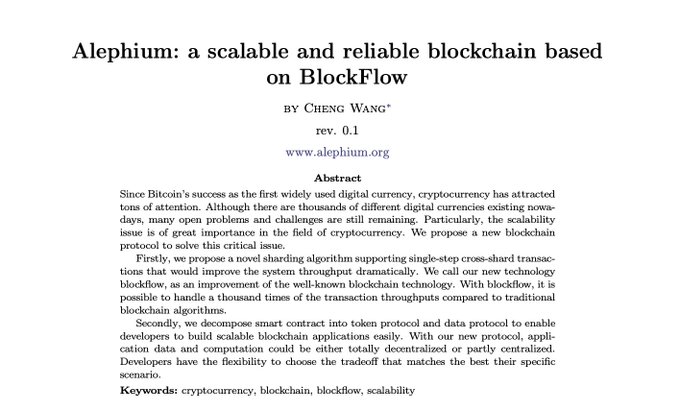 The image shows the title page of the Alephium whitepaper by Cheng Wang (rev. 0.1), introducing "Alephium: a scalable and reliable blockchain based on BlockFlow," which represents the foundational document where the project's vision for a novel sharding algorithm and blockchain protocol was first laid out—fittingly illustrating "where it all began."