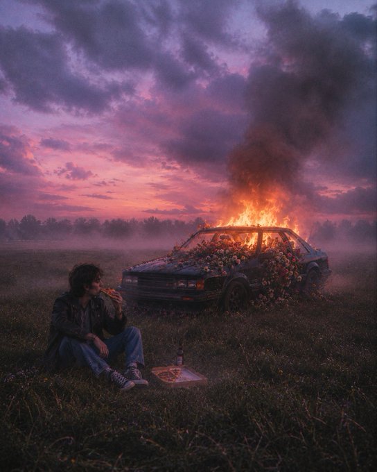 A young man sits on the grass eating pizza near a burning car covered in pink flowers under a vibrant purple and orange sunset sky.