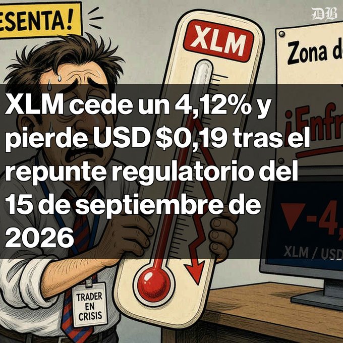 A distressed cartoon trader holding a thermometer labeled 'XLM' with a red downward arrow, overlaid with Spanish text: 'XLM cede un 4,12% y pierde USD $0,19 tras el repunte regulatorio del 15 de septiembre de 2026'.