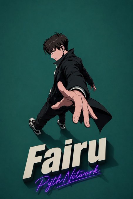 The image features a poster for a movie called "Faireu" that was released by Pyth Network. The poster has a green background with white text that reads "Faireu" at the top, followed by "Pyth Network" in smaller font and then "Markets don't close anymore." Below this, there is a description of the movie's title and release date. The poster also includes an image of a man wearing a suit and tie, with his hand extended forward as if he is about to make a gesture or pose for the camera.