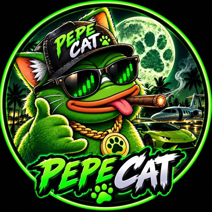 A vibrant circular digital artwork featuring an anthropomorphic green 'Pepe Cat' character wearing sunglasses, a 'PEPE CAT' cap, and a gold chain, giving a thumbs up while smoking a cigar, with a Lamborghini and full moon in the background.