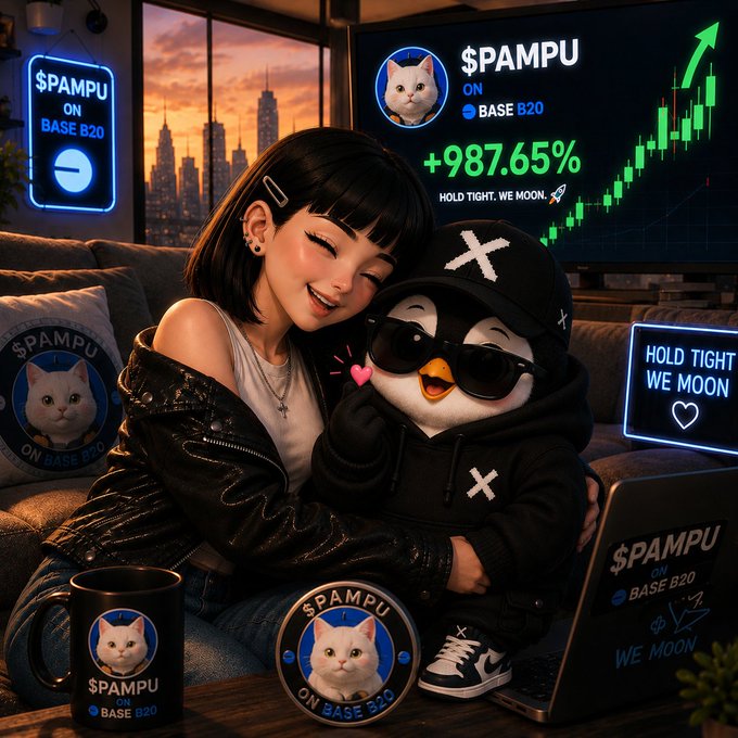 A digital illustration of a smiling anime-style girl hugging a penguin mascot wearing sunglasses, surrounded by crypto merchandise for '$PAMPU ON BASE B2O' with a chart showing '+987.65%' and signs saying 'HOLD TIGHT WE MOON'.