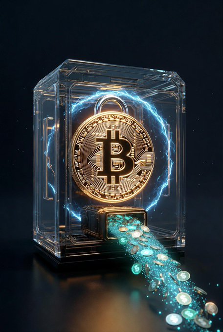 A golden Bitcoin coin is encased in a transparent vault surrounded by blue electrical arcs, with a stream of teal coins flowing out from a dispenser at the bottom.