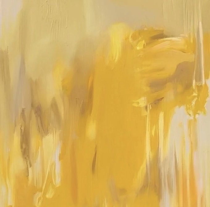 An abstract expressionist painting dominated by vibrant yellow and gold tones, featuring sweeping brushstrokes and drips that create a luminous, textural composition. There is no visible text or numbers in the image itself, but the artwork aligns with the post's promotion of an original 1/1 NFT piece titled "Different" by artist Uli, listed for 6 ETH.