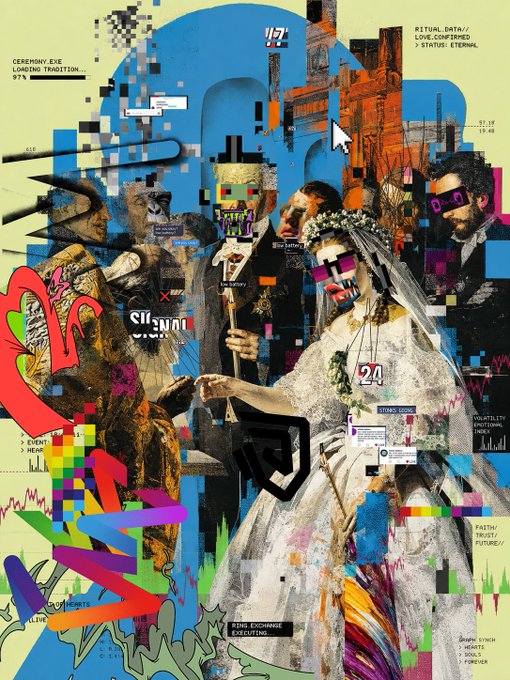 A vibrant cyberpunk-style digital collage depicting a wedding ceremony with glitch effects, featuring overlay text such as 'CEREMONY, EVE', 'LOADING TRADITION', and 'NFT' framing figures in formal attire.