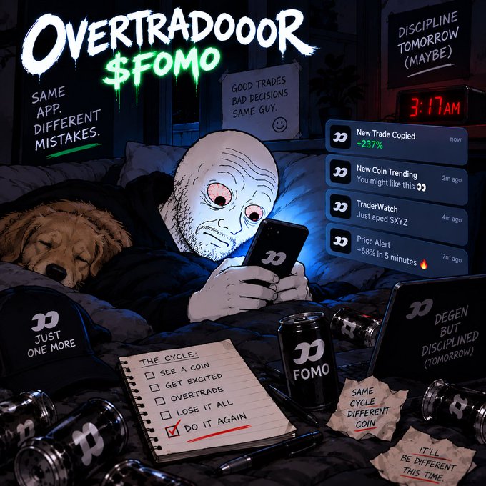 An illustrated image depicts a stressed-looking man in bed checking a crypto trading app on his phone, with various text overlays like 'OVERTRADOOR $FOMO', 'DISCIPLINE TOMORROW (MAYBE)', and 'JUST ONE MORE' scattered around the scene.