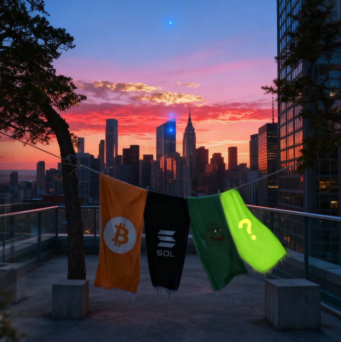 Four flags bearing Bitcoin (₿), Solana (SOL), Pepe, and a neon green question mark hang on a rooftop terrace overlooking a vibrant sunset cityscape, visually representing the lineup of cryptocurrencies competing for the final spot in the post's poll.
