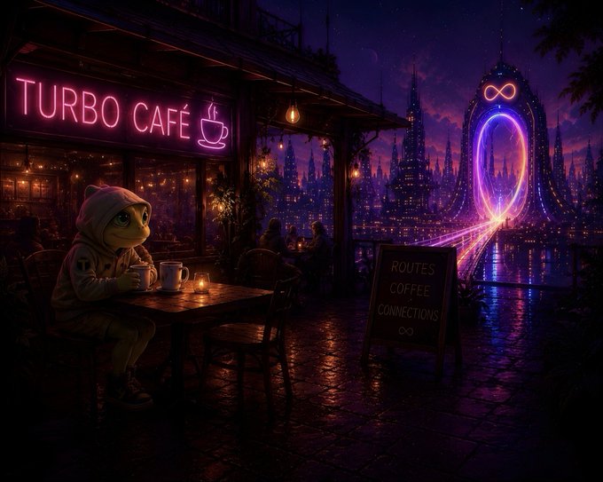 The image features a cartoon frog sitting at a table inside a cafe, wearing a hoodie and holding a cup of coffee. The cafe has neon lights and a sign that says "Turbo Cafe", indicating its name. In the background, there is a cityscape with buildings lit up by neon lights, creating a vibrant atmosphere. The image also includes text that reads "Just a reminder that #TurboChain is the very first meme EVM brought to life by #Aurora, powered by #Near. $Turbo is also the first meme coin created with community support and AI."