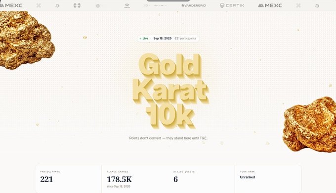 A promotional graphic for "Gold Karat 10K" shows 221 participants and 178.5K Flakes Ranked (since Sep 16, 2026) on a Live event page dated Sep 19, 2026, decorated with gold nugget illustrations and the note "Points don't convert — they stand here until TGE." The image visually reinforces the post's announcement of StakeMyGold's Gold Karat points campaign launch, highlighting key metrics like the growing Flakes ranking and participant count during its opening days.