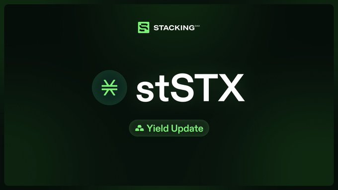 A dark-themed graphic displays the "STACKING" logo with "stSTX" and a green "Yield Update" button.