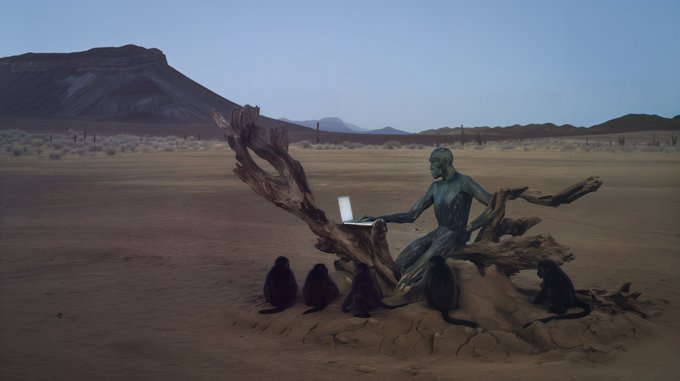 A humanoid figure in a skin-tight suit sits on a twisted dead tree in a desert landscape, typing on a laptop while surrounded by small dark creatures resembling monkeys or gremlins.