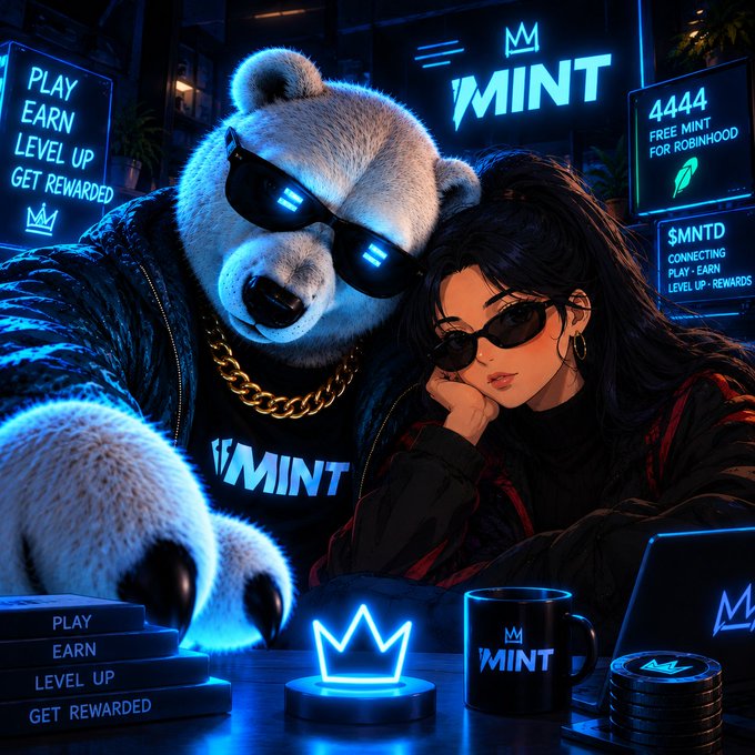 A promotional image for "MINT" featuring a white bear wearing sunglasses and a gold chain alongside a woman with dark hair and sunglasses, surrounded by MINT branding and text including "PLAY EARN LEVEL UP GET REWARDED" and "4444 FREE MINT FOR ROBINHOOD".