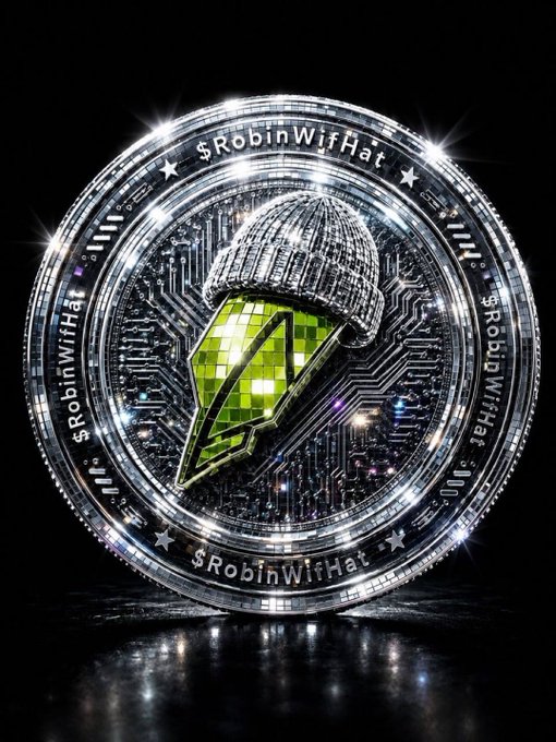 A shiny silver digital coin featuring a beanie-wearing green geometric logo, with the text '$RobinWifHat' repeated around its rim, set against a dark background with sparkles.