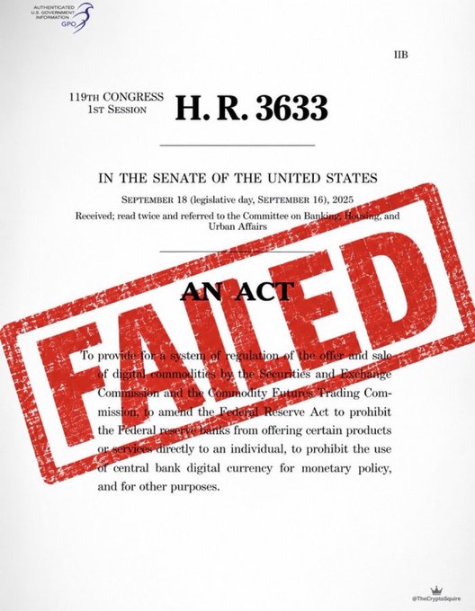 A document titled 'H.R. 3633' for the '119TH CONGRESS 1ST SESSION,' stamped with a large red 'FAILED' mark, which is an 'AN ACT' to regulate the offer and sale of digital commodities and amend the Federal Reserve Act.