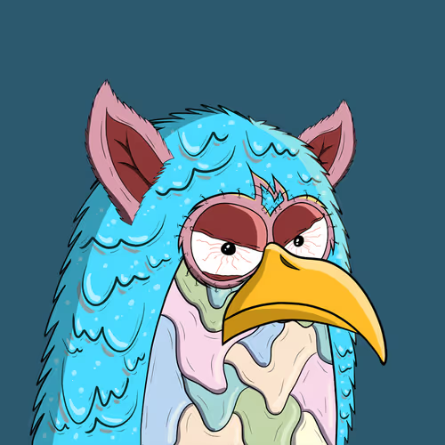A cartoonish, grumpy-looking bird with pink cat ears and a long yellow beak is illustrated against a dark teal background, depicting the mascot for the Hoodbirds giveaway. The image features no visible text and serves as the visual branding for the promotion of 10 guaranteed whitelist spots for the NFT collection.