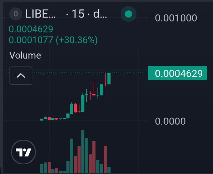 A cryptocurrency trading chart displays "LIBE..." ticker data showing a price of 0.0004629, down from a high of 0.001000, with a recent gain of +30.36% to 0.0001077, featuring green and red candlesticks alongside volume bars—used to promote the $LIBERUUM token via the Telegram channel t.me/ROnchain.