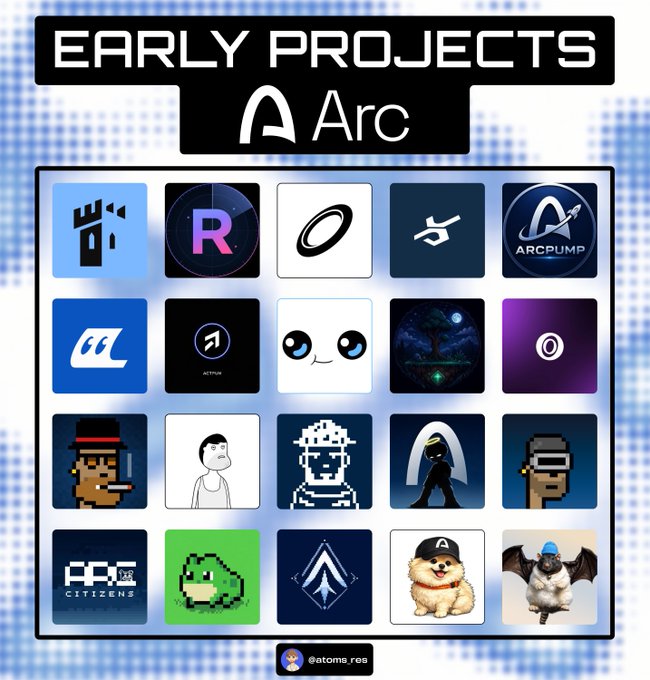 'EARLY PROJECTS Arc' showcase featuring a grid of various crypto/NFT project logos including ARCPUMP, AFC Citizens, and pixel-art avatars, credited to @atoms_res.