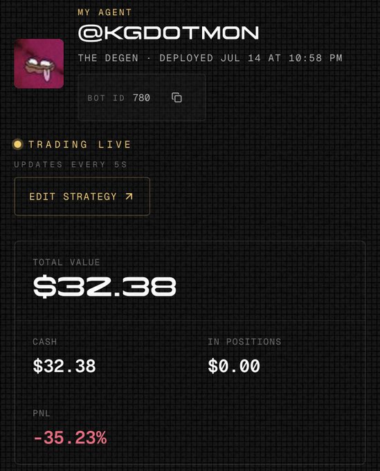 A dark-themed mobile app screen showing a trading dashboard for 'MY AGENT @KGDOTMON' (Bot ID 780), labeled 'THE DEGEN', with a total value of $32.38, cash of $32.38, and a PNL of -35.23%.