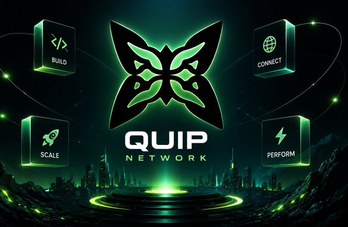 A promotional graphic for 'QUIP NETWORK' featuring a butterfly logo and four green icons labeled 'BUILD', 'CONNECT', 'SCALE', and 'PERFORM' set against a futuristic cityscape.