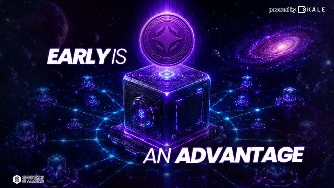 A digital graphic with a space theme shows a glowing purple cube with a coin-like object above it, surrounded by a network of smaller cubes and stars. The text 'EARLY IS AN ADVANTAGE' is prominently displayed, with logos for 'powered by SKALE' and 'STRIPE GAMES'.