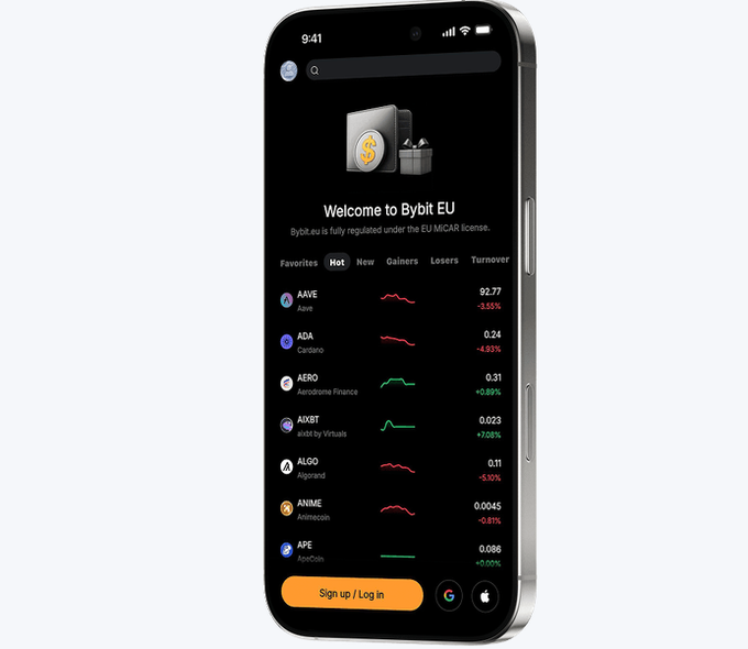 Mobile app screenshot of Bybit EU crypto exchange showing a welcome message with EU MiCAR licensing and a list of cryptocurrencies including AAVE (-3.55%), ADA (-4.93%), AXBT (+7.05%), and others.