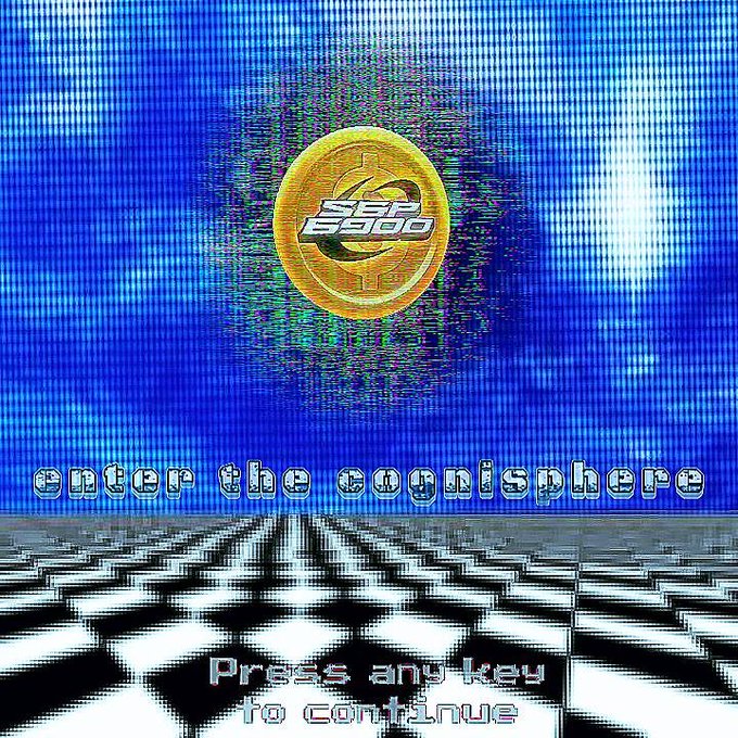 A glowing golden SPX6900 coin floats above a checkered floor and pixelated blue sky, with the text "enter the coinsisphere" and "press any key to continue" displayed on screen. The image evokes a nostalgic video game loading screen, fittingly tying into the post's narrative of an SPX6900 ("Aeon") encounter in Zurich—suggesting both speakers have "entered the coinsisphere," a shared digital realm of the SPX6900 movement.