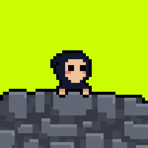 A pixel art illustration of a character with dark hair and rosy cheeks peeking over a gray stone wall against a bright green background.
