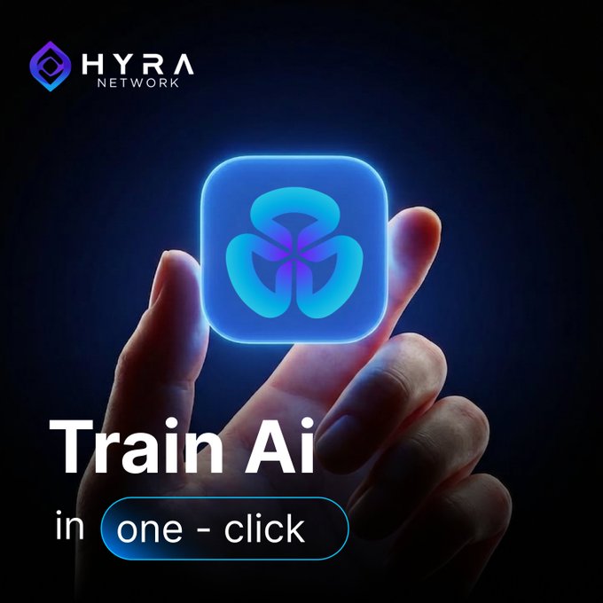 A hand reaches toward a glowing blue app icon on a dark background, with the "HYRA NETWORK" logo in the corner and the tagline "Train Ai in one - click" displayed prominently. The image visually reinforces the post's message by symbolizing the simple, one-tap activation of decentralized AI compute power through the Hyra Network.