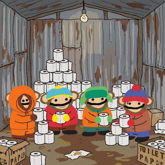 A South Park-style parody cartoon depicting four monkey characters wearing winter clothing and holding toilet paper rolls, standing in a rusty shack filled with massive piles of toilet paper boxes labeled 'TOILET PAPER'.