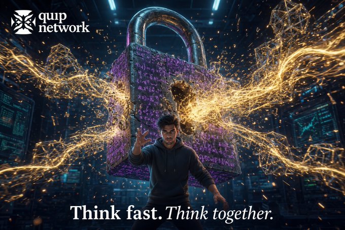 A stylized promotional image for Quip Network featuring a person in a hoodie gesturing in front of a giant glowing padlock surrounded by golden digital particles, with the tagline 'Think fast. Think together.'