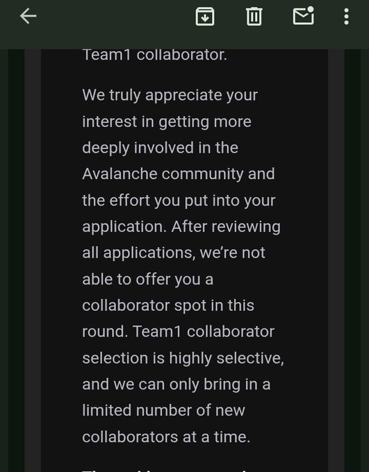 Screenshot of an email rejecting an application for a Team1 collaborator spot in the Avalanche community, citing highly selective selection.