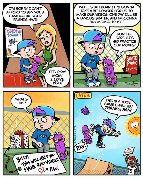 A four-panel comic strip shows a boy wanting a camera like his friends, then switching to skateboarding dreams, before a friend named Billy helps him make Rad videos that become a viral video game called 'RAD!'.