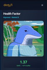 A mobile screenshot from dora.fi showing a 'Health Factor' card for an Algorand market featuring an illustration of a blue dolphin/lizard-like creature with a value of 1.37 SAFE (+10% buffer).