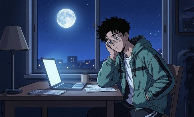 The image features a man sitting at a desk using his laptop computer while wearing glasses and a hoodie, possibly working late into the night or enjoying some leisure time. The background of the image shows a city skyline with a full moon visible through an open window, creating a serene atmosphere for the scene. The caption to the image reads "GN Everyone Got sick again and feeling really tired Anyways, gRiver to all $RIVER farmers , Stay connected with @River4fun × @RiverdotInc Time to rest and hopefully wake up stronger tomorrow".