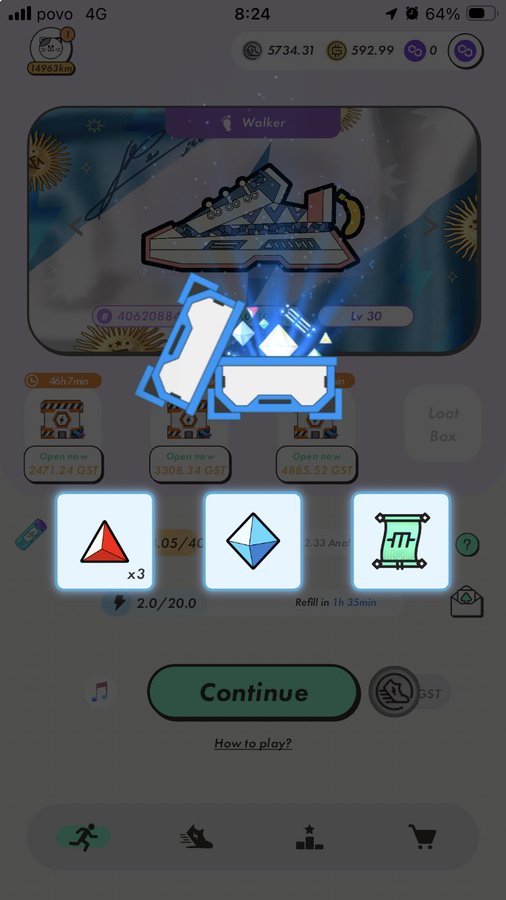A mobile game screenshot showing a 'Walker' spaceship with energy beams, currency counters at the top, and three reward options (x3 triangles, a diamond, and a scroll) above a 'Continue' button.