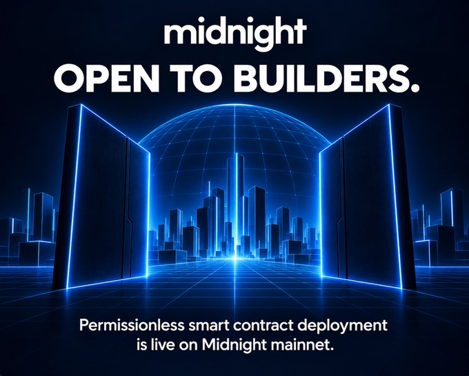 Futuristic neon blue graphic announcing 'midnight OPEN TO BUILDERS' with text 'Permissionless smart contract deployment is live on Midnight mainnet'.