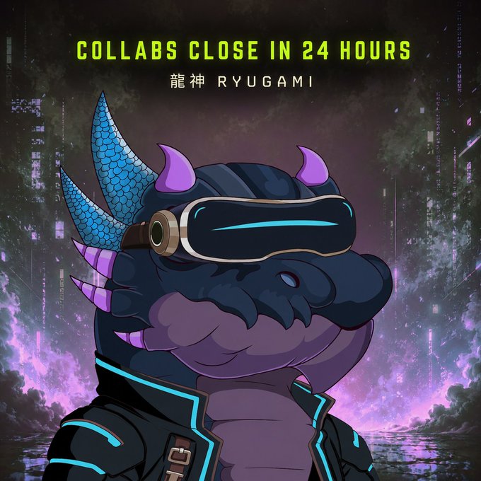 A digital NFT-style artwork of a purple and blue dragon character wearing a VR headset and a futuristic jacket, with the text 'COLLABS CLOSE IN 24 HOURS' and '龍神 RYUGAMI' at the top.